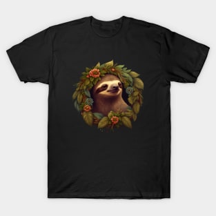 Cute Sloth in a Floral Wreath T-Shirt